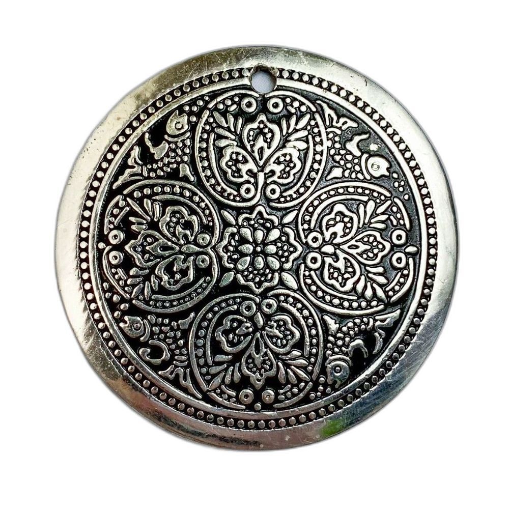 Vintage Silver w Black Printed Design Medalion Pendant